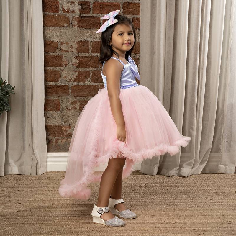 satin bow Detailed High and Low Party Frock for girls - Blue & Pink