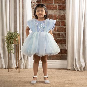 Sequin body and  ruffled Angel sleeves fit and flare frock for baby Girls - Sky blue 1