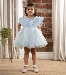 Sequin body and  ruffled Angel sleeves fit and flare frock for baby Girls - Sky blue