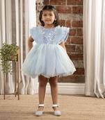 Sequin body and  ruffled Angel sleeves fit and flare frock for baby Girls - Sky blue
