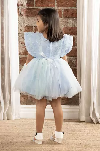 Sequin body and  ruffled Angel sleeves fit and flare frock for baby Girls - Sky blue