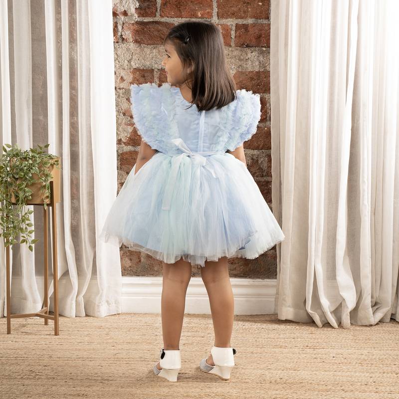 Sequin body and  ruffled Angel sleeves fit and flare frock for baby Girls - Sky blue
