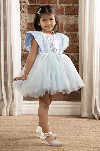 Sequin body and  ruffled Angel sleeves fit and flare frock for baby Girls - Sky blue