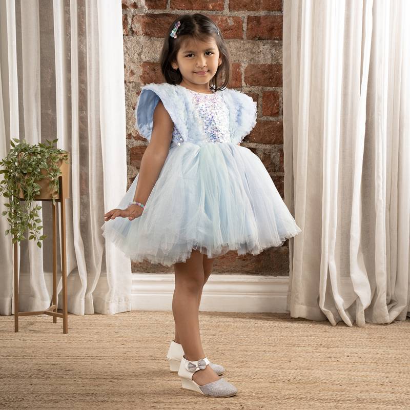 Sequin body and  ruffled Angel sleeves fit and flare frock for baby Girls - Sky blue