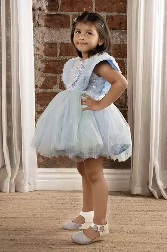 Sequin body and  ruffled Angel sleeves fit and flare frock for baby Girls - Sky blue