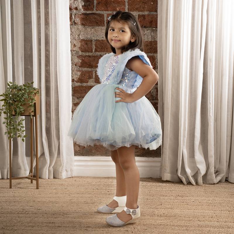 Sequin body and  ruffled Angel sleeves fit and flare frock for baby Girls - Sky blue