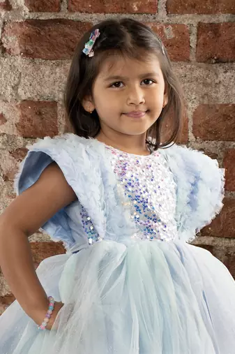 Sequin body and  ruffled Angel sleeves fit and flare frock for baby Girls - Sky blue
