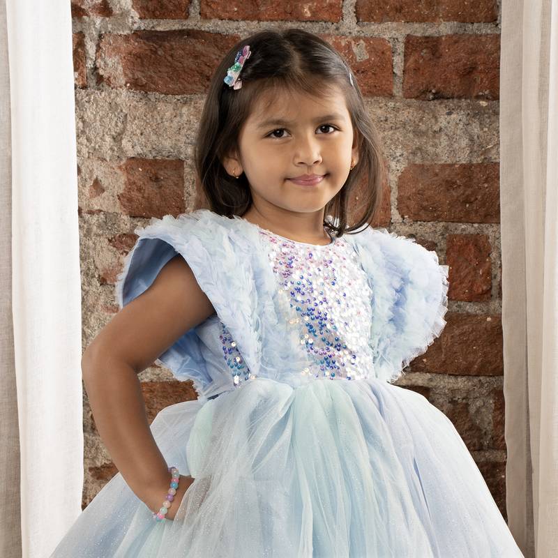 Sequin body and  ruffled Angel sleeves fit and flare frock for baby Girls - Sky blue