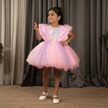 Sequin body and  ruffled Angel sleeves fit and flare frock for baby Girls - Pink 1