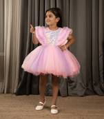 Sequin body and  ruffled Angel sleeves fit and flare frock for baby Girls - Pink