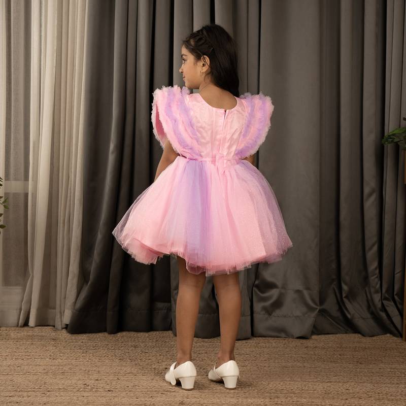 Sequin body and  ruffled Angel sleeves fit and flare frock for baby Girls - Pink