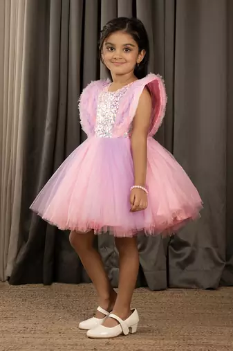 Sequin body and  ruffled Angel sleeves fit and flare frock for baby Girls - Pink