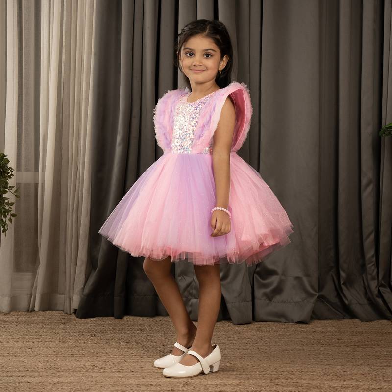 Sequin body and  ruffled Angel sleeves fit and flare frock for baby Girls - Pink