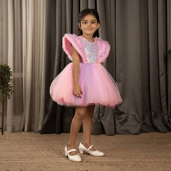 Sequin body and  ruffled Angel sleeves fit and flare frock for baby Girls - Pink 4