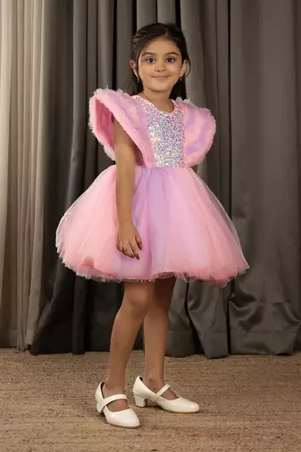 Sequin body and  ruffled Angel sleeves fit and flare frock for baby Girls - Pink