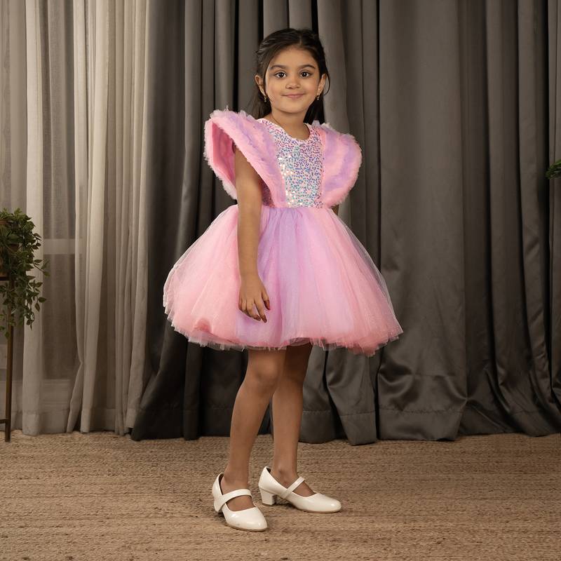 Sequin body and  ruffled Angel sleeves fit and flare frock for baby Girls - Pink