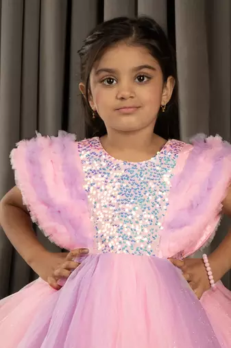 Sequin body and  ruffled Angel sleeves fit and flare frock for baby Girls - Pink