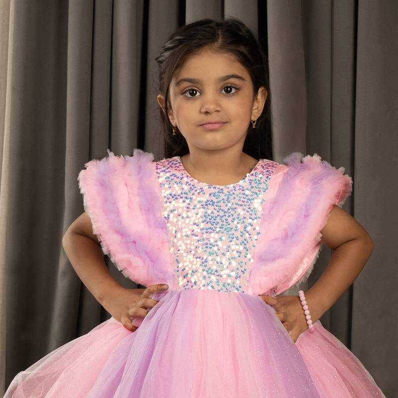 Sequin body and  ruffled Angel sleeves fit and flare frock for baby Girls - Pink