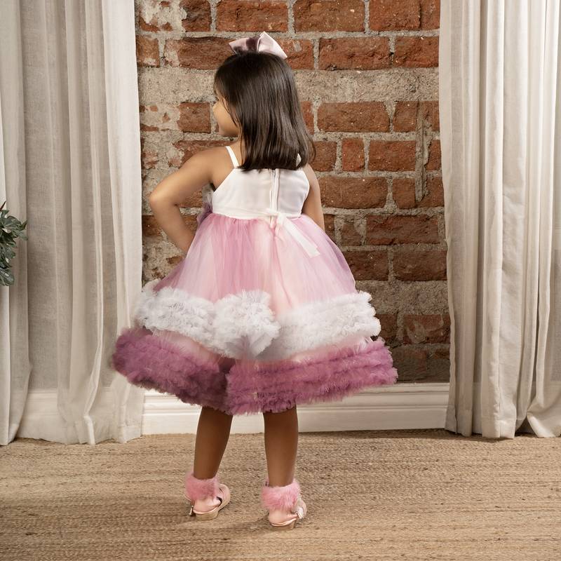 flower embelished Sleeveless Multi Layered Party Dress for girls - Purple