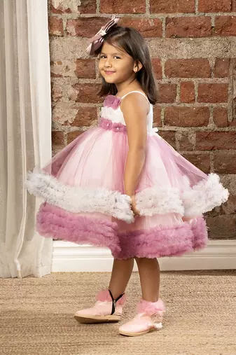 flower embelished Sleeveless Multi Layered Party Dress for girls - Purple