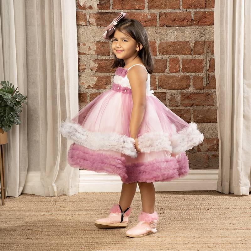 flower embelished Sleeveless Multi Layered Party Dress for girls - Purple