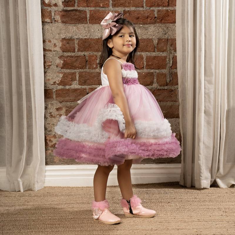 flower embelished Sleeveless Multi Layered Party Dress for girls - Purple