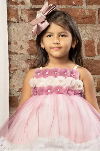 flower embelished Sleeveless Multi Layered Party Dress for girls - Purple