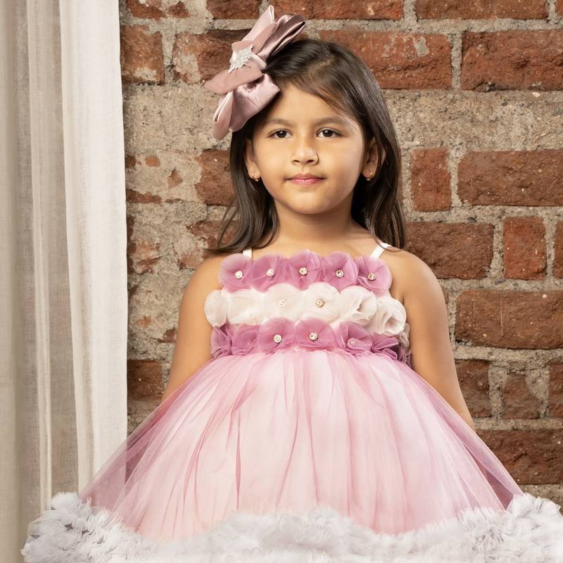 flower embelished Sleeveless Multi Layered Party Dress for girls - Purple