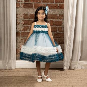 flower embelished Sleeveless Multi Layered Party Dress for girls - Blue 1