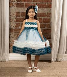 flower embelished Sleeveless Multi Layered Party Dress for girls - Blue