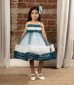 flower embelished Sleeveless Multi Layered Party Dress for girls - Blue