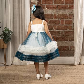 flower embelished Sleeveless Multi Layered Party Dress for girls - Blue 2