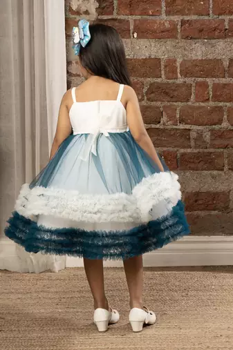 flower embelished Sleeveless Multi Layered Party Dress for girls - Blue