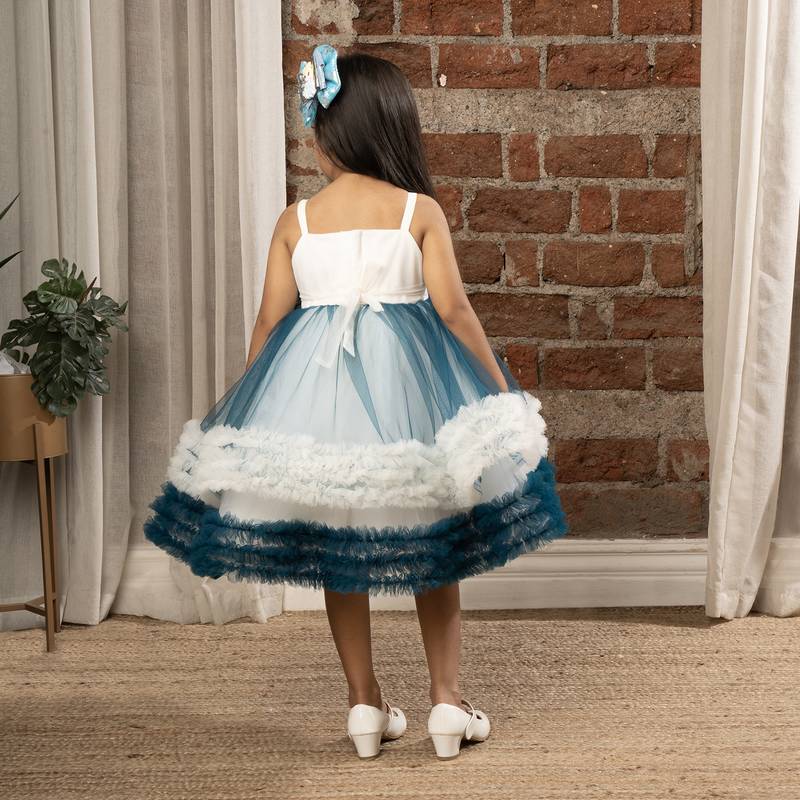flower embelished Sleeveless Multi Layered Party Dress for girls - Blue