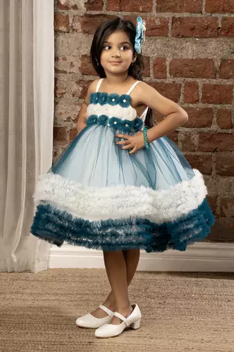 flower embelished Sleeveless Multi Layered Party Dress for girls - Blue