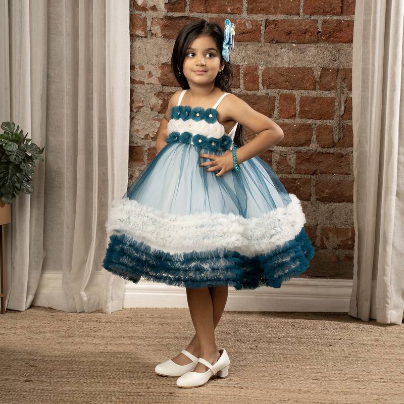 flower embelished Sleeveless Multi Layered Party Dress for girls - Blue