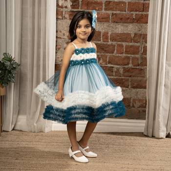 flower embelished Sleeveless Multi Layered Party Dress for girls - Blue 4