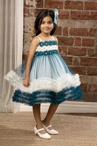 flower embelished Sleeveless Multi Layered Party Dress for girls - Blue