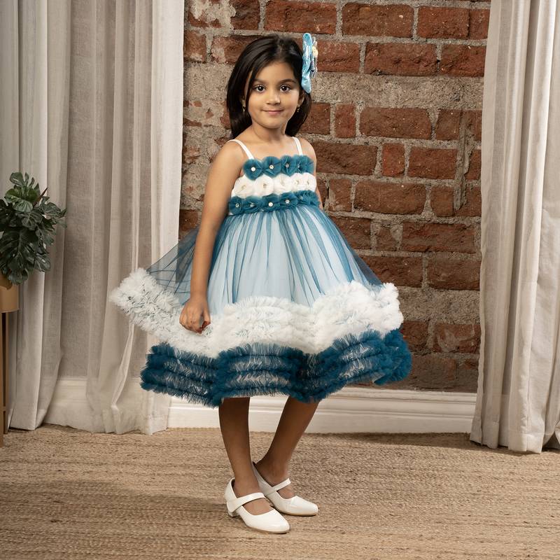 flower embelished Sleeveless Multi Layered Party Dress for girls - Blue