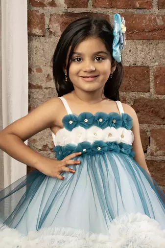 flower embelished Sleeveless Multi Layered Party Dress for girls - Blue