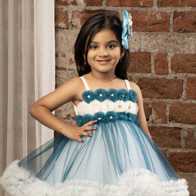 flower embelished Sleeveless Multi Layered Party Dress for girls - Blue
