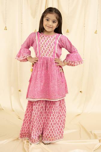 Ministitch bell Sleeves Print and embroirdered, Lace Embellished Kurta & Garara set- Pink