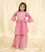 Ministitch bell Sleeves Print and embroirdered, Lace Embellished Kurta & Garara set- Pink