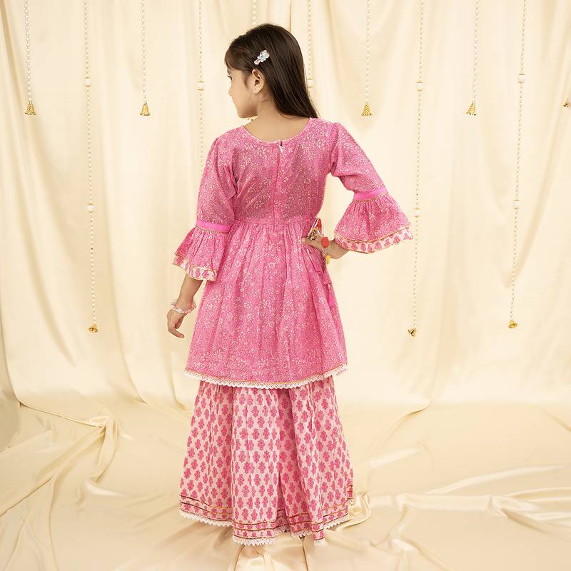 Ministitch bell Sleeves Print and embroirdered, Lace Embellished Kurta & Garara set- Pink