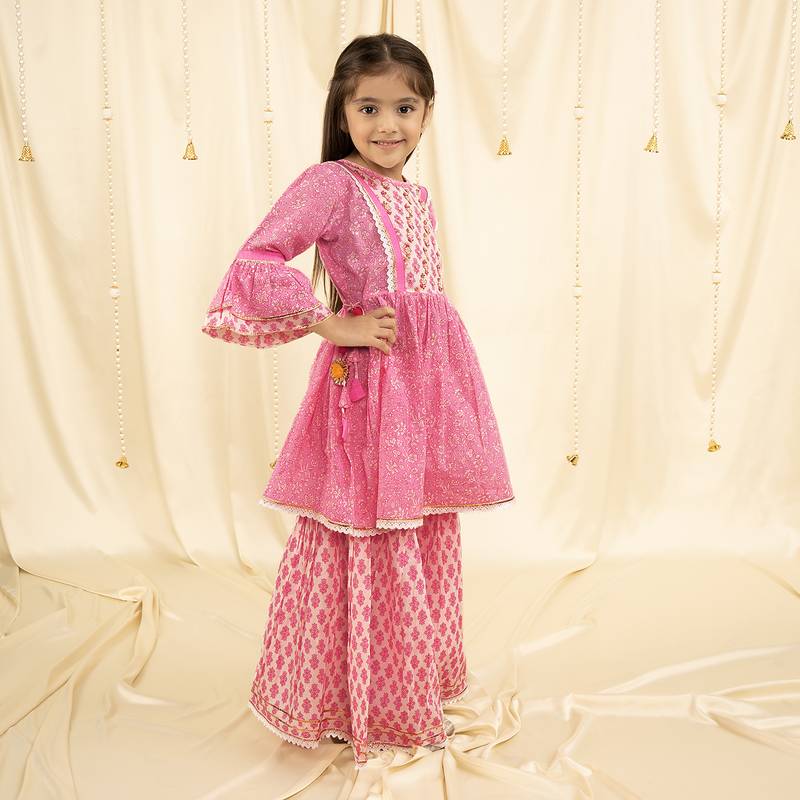 Ministitch bell Sleeves Print and embroirdered, Lace Embellished Kurta & Garara set- Pink