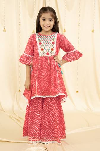 Ministitch bell Sleeves bandhani Print and embroirdered, Lace Embellished Kurta & Garara set- Pink