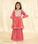 bell Sleeves bandhani Print and embroirdered, Lace Embellished Kurta & Garara set- Pink