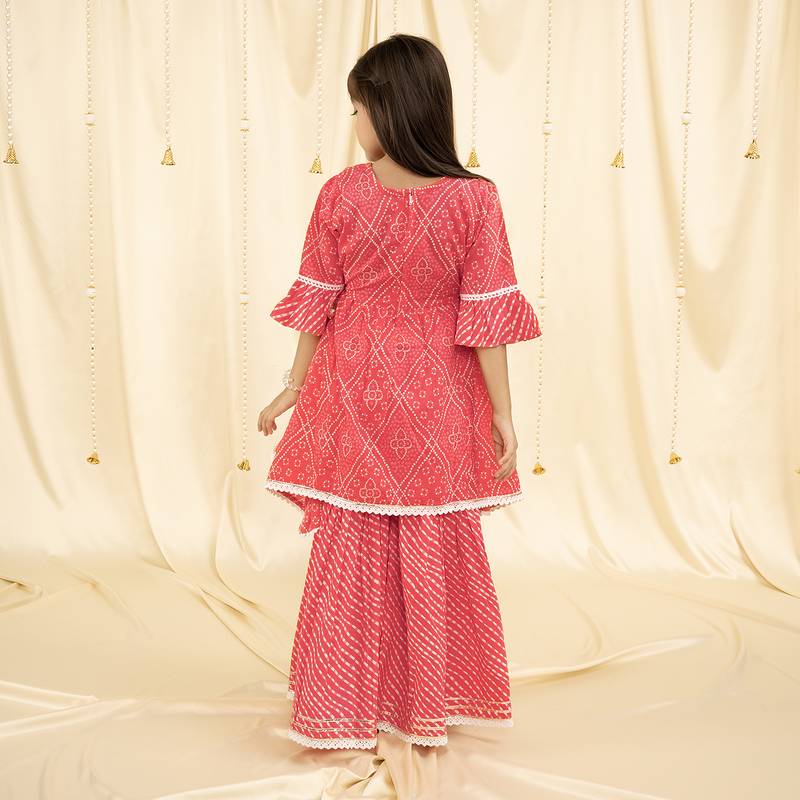 bell Sleeves bandhani Print and embroirdered, Lace Embellished Kurta & Garara set- Pink