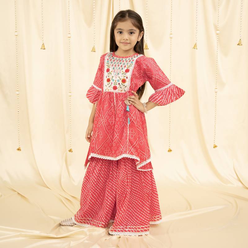 bell Sleeves bandhani Print and embroirdered, Lace Embellished Kurta & Garara set- Pink