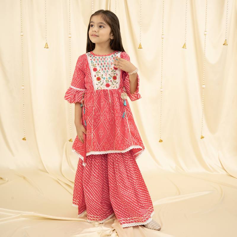 bell Sleeves bandhani Print and embroirdered, Lace Embellished Kurta & Garara set- Pink